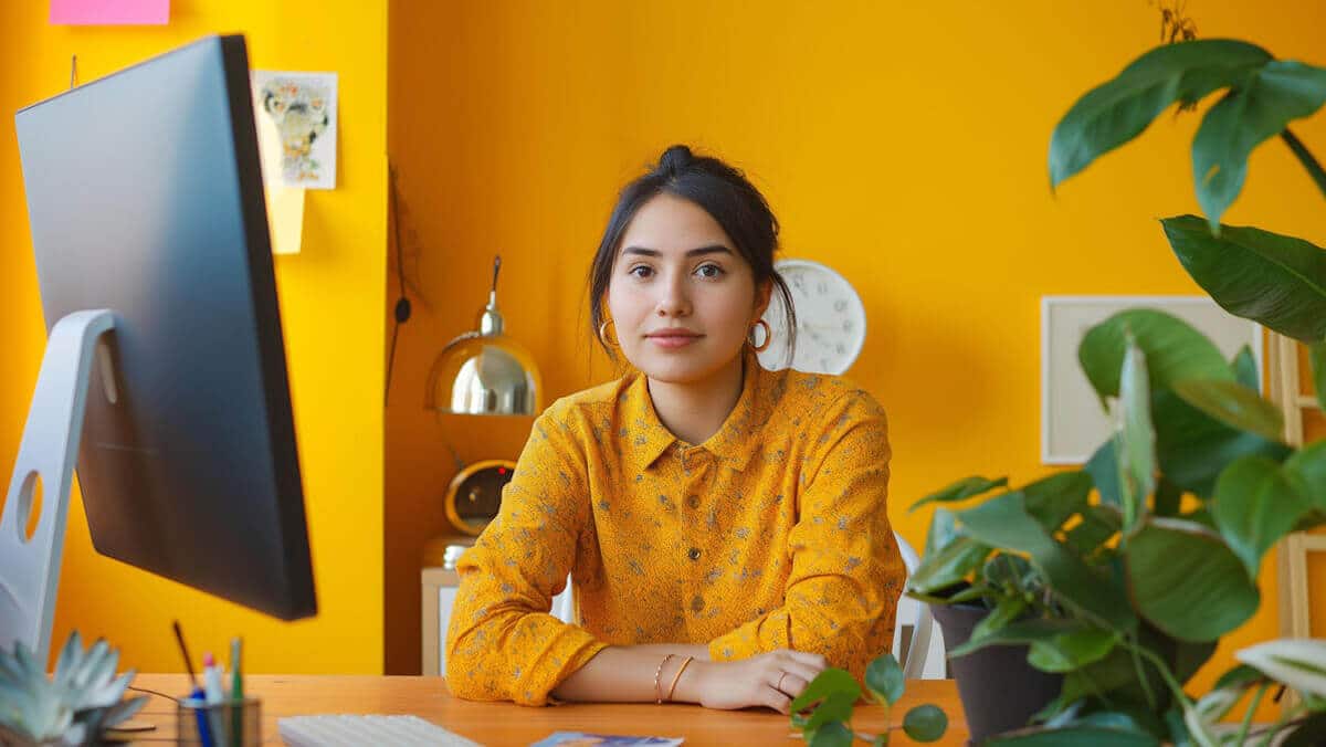 Mujer emprendedora con decoración amarilla, trabajando en su computadora. Descubre los beneficios de tener una página web para su marca.