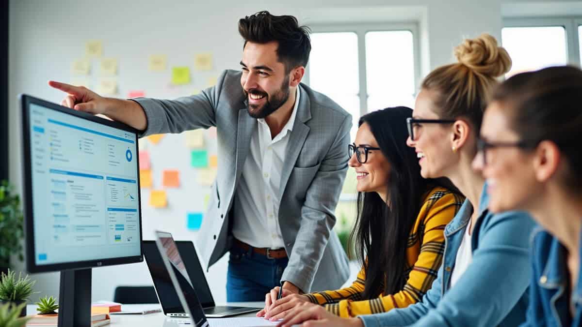 Equipo de jóvenes en agencia revisando analíticas con entusiasmo, ilustrando los Precios del Marketing Digital en Perú